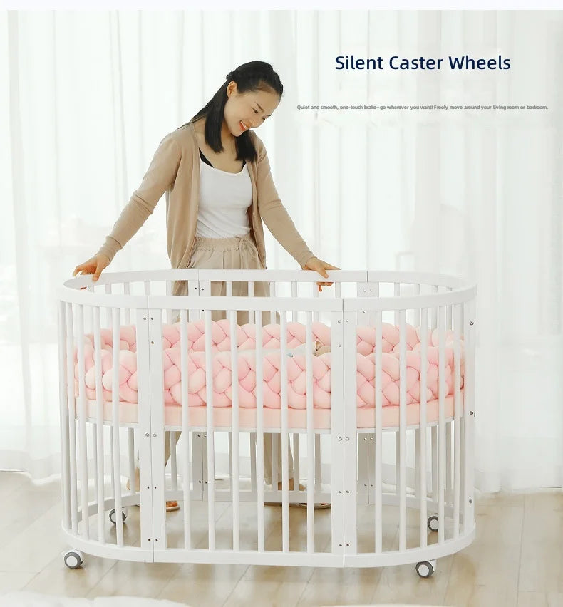 Solid Wood Baby Crib Convertible To Toddler Bed Adjustable Size Oval Design CPC Certified Safe Guardrail