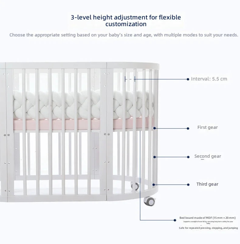 Solid Wood Baby Crib Convertible To Toddler Bed Adjustable Size Oval Design CPC Certified Safe Guardrail