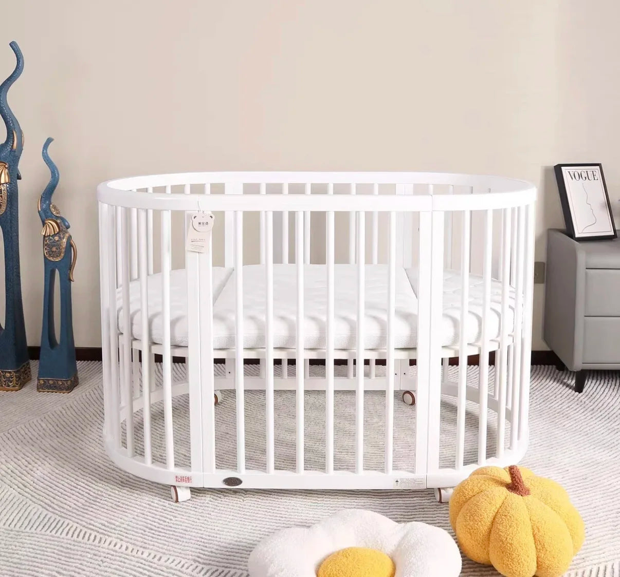 Solid Wood Baby Crib Convertible To Toddler Bed Adjustable Size Oval Design CPC Certified Safe Guardrail