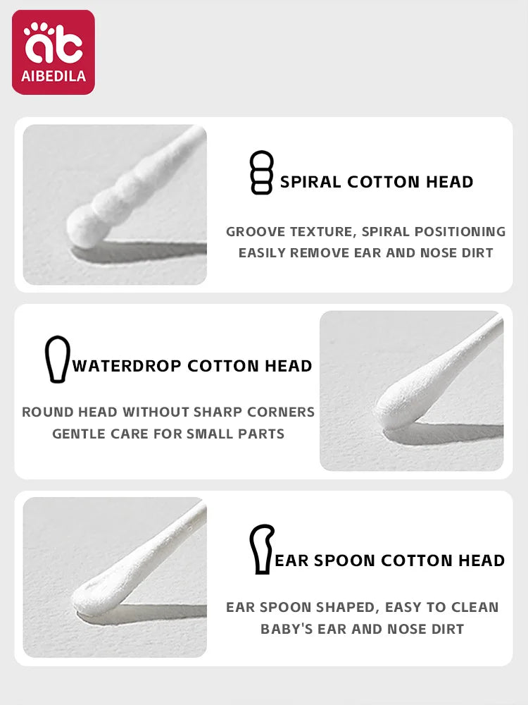 AIBEDILA Baby Cotton Swabs Soft Non-Irritating Ear spoon Sticks for Ear Wax Cleaning Newborn Care Infant Hygiene 200Pcs/1Box