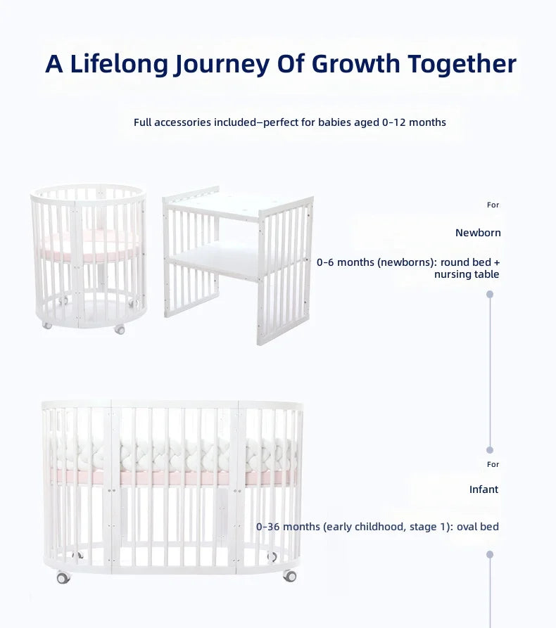 Solid Wood Baby Crib Convertible To Toddler Bed Adjustable Size Oval Design CPC Certified Safe Guardrail