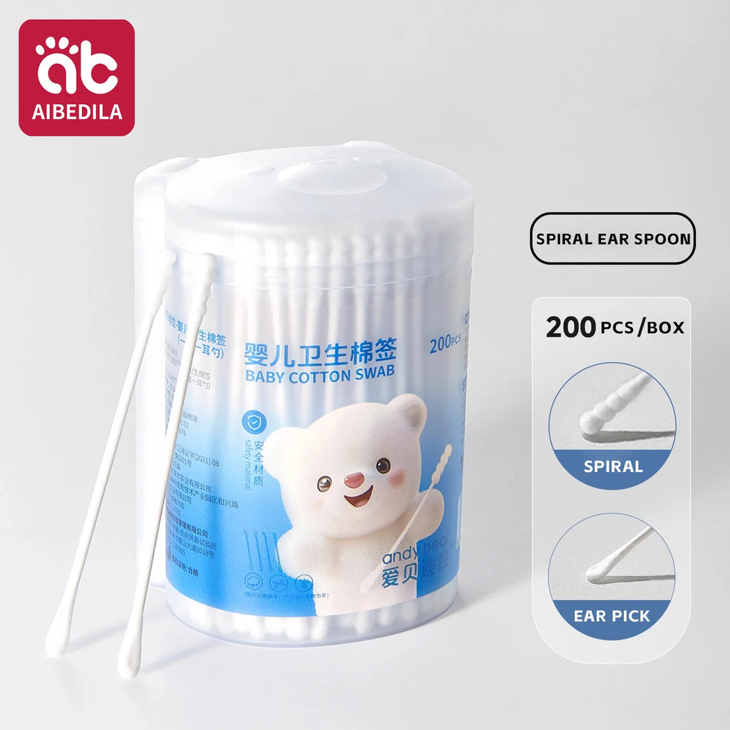 AIBEDILA Baby Cotton Swabs Soft Non-Irritating Ear spoon Sticks for Ear Wax Cleaning Newborn Care Infant Hygiene 200Pcs/1Box