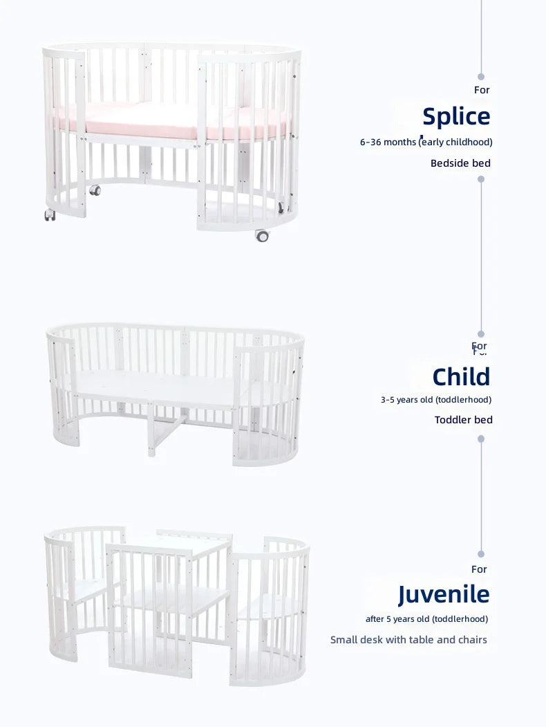 Solid Wood Baby Crib Convertible To Toddler Bed Adjustable Size Oval Design CPC Certified Safe Guardrail
