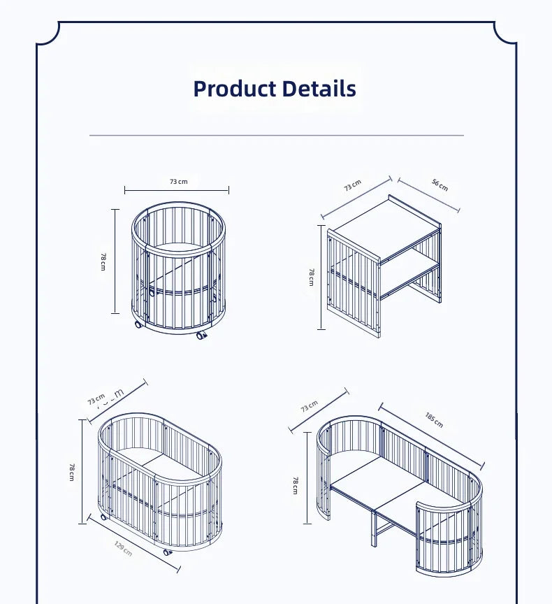 Solid Wood Baby Crib Convertible To Toddler Bed Adjustable Size Oval Design CPC Certified Safe Guardrail