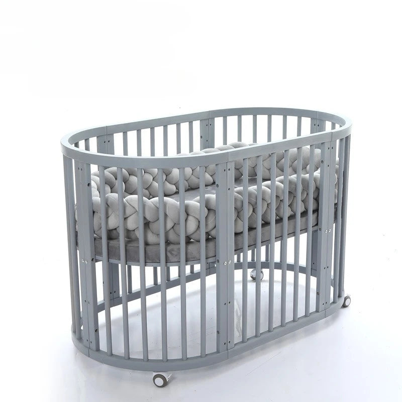 Solid Wood Baby Crib Convertible To Toddler Bed Adjustable Size Oval Design CPC Certified Safe Guardrail