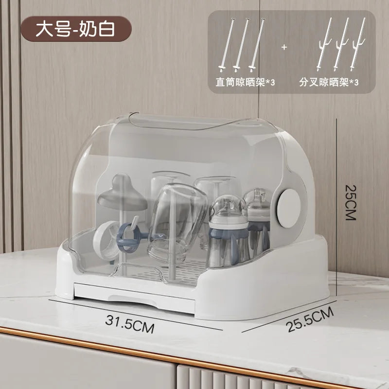 New Baby Bottle Drying Rack & Bottle Organizer Dustproof Storage Container with Removable Drip Tray, Hygienic Feeding Accessorie