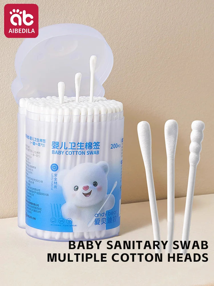 AIBEDILA Baby Cotton Swabs Soft Non-Irritating Ear spoon Sticks for Ear Wax Cleaning Newborn Care Infant Hygiene 200Pcs/1Box