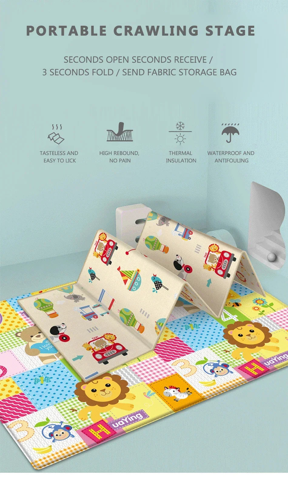 Baby Folding Mat, Large Tummy Time Folding Baby Crawling Mat Outdoor or Indoor Use, Portable Cute Double Sides Crawling Mats